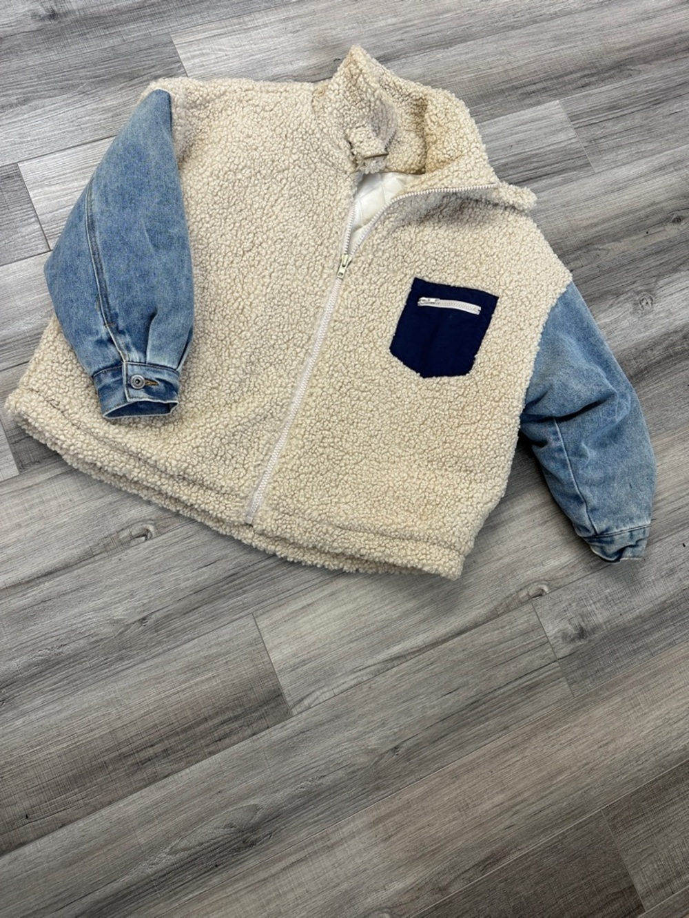Cream Sherpa Puffer Jacket with Denim Sleeves